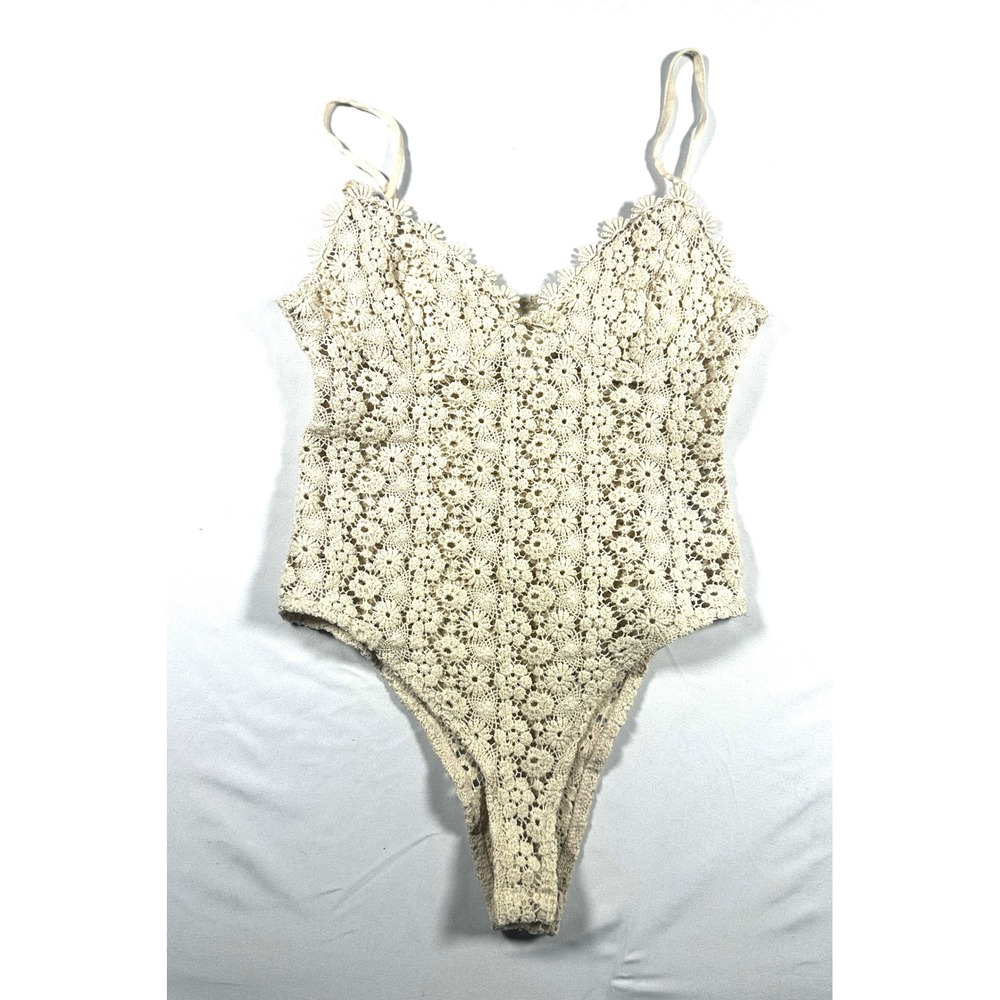 HM Crochet Lace Bodysuit Cream Beige Floral V-Neck Sleeveless Small